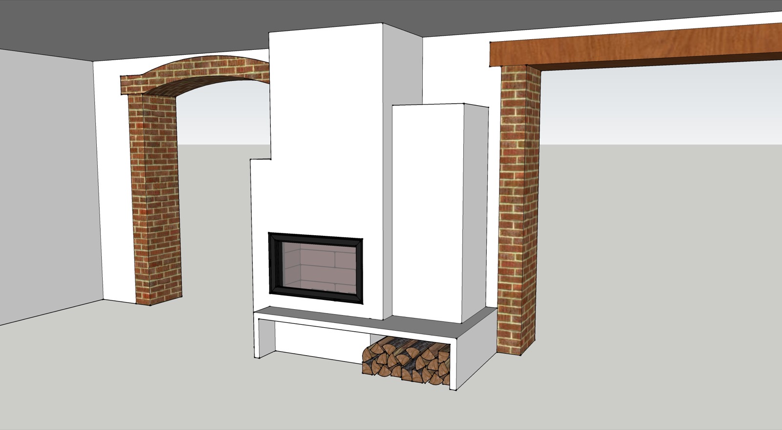 Study perspective of the white-rendered masonry heater with log store, between two brick arches