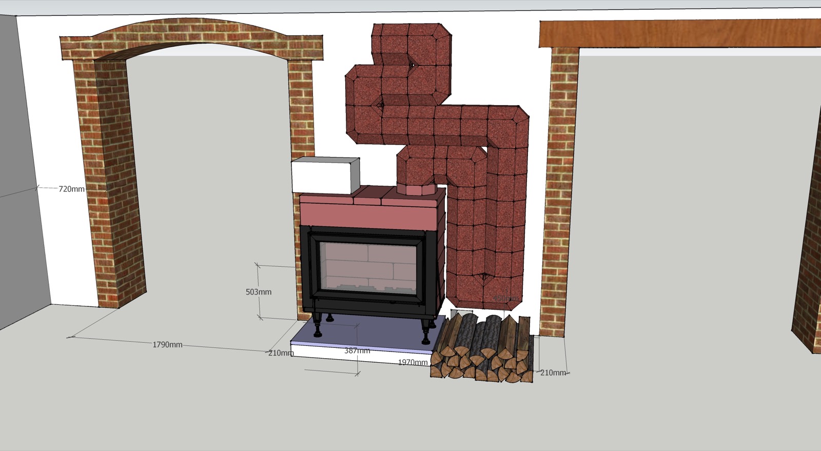 Dimensioned 3D study view of a masonry heater set between two brick arches, with the storage mass shown in red