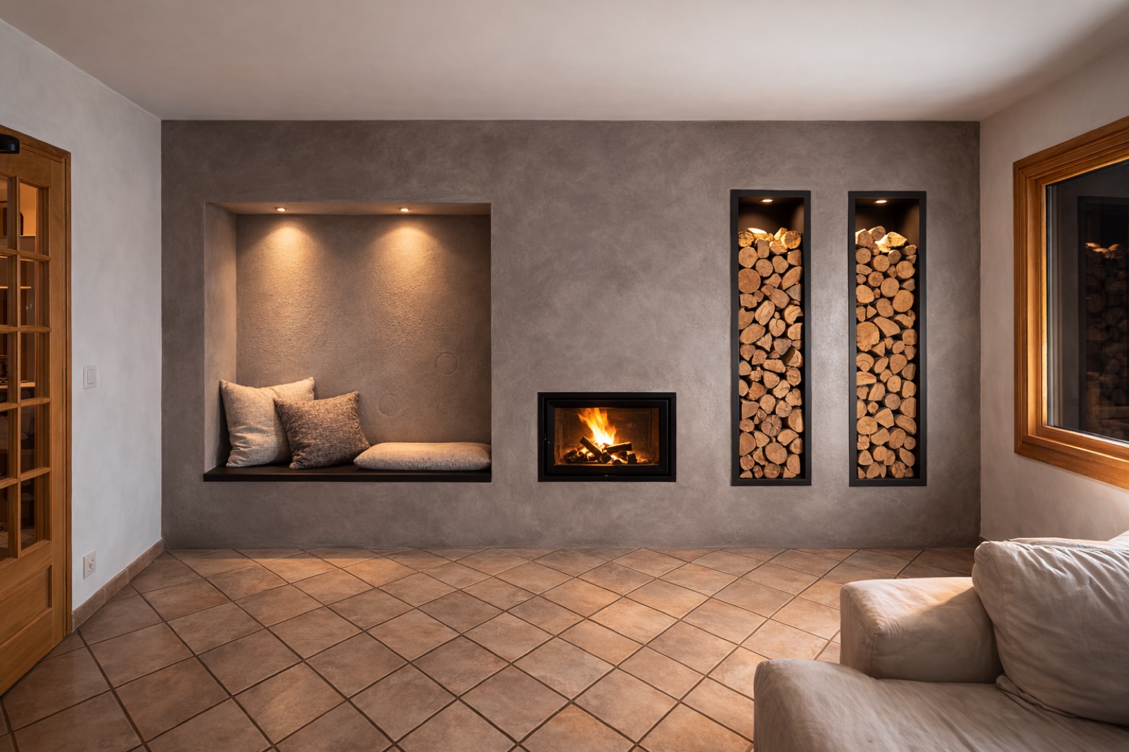 A wall that heats: built-in heater and log niches in Cordon