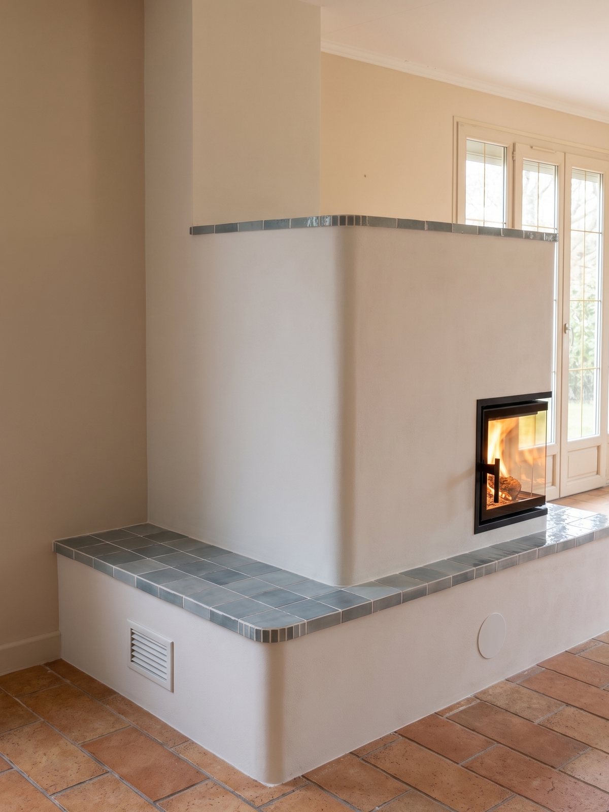 Rendered masonry heater in Craponne: corner heated bench tiled in blue glazed ceramic and glazed firebox, by the French windows