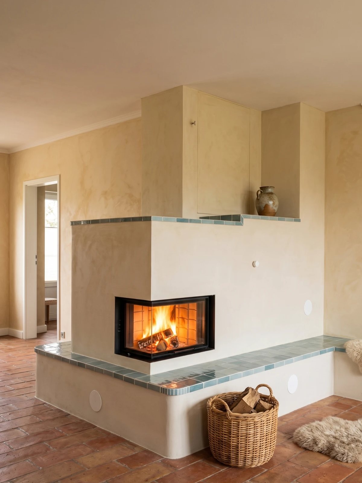 Corner firebox and tiled bench in a mineral interior