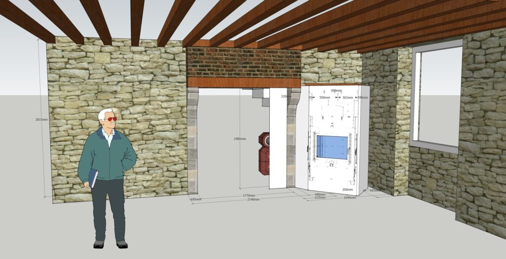 Estudio 3D de la estufa de masa en la abertura de un muro de carga de piedra